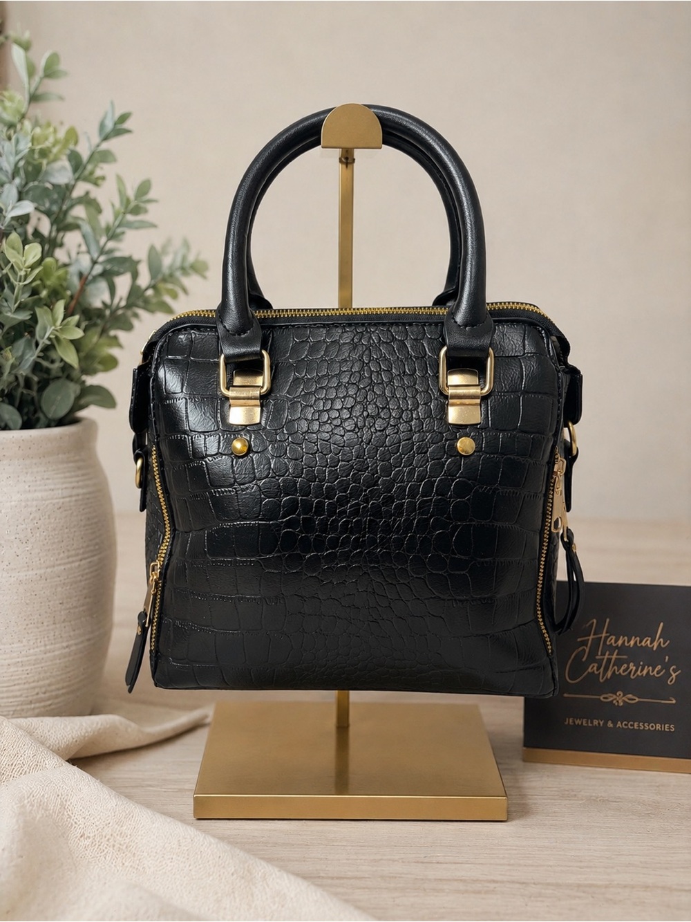 Black Croc-Embossed Satchel Bag - Structured Handbag
